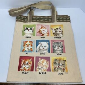 Vintage Kayomi Harai Cat Emotions Canvas Tote Bag Playful Happy Grumpy Cute Cat